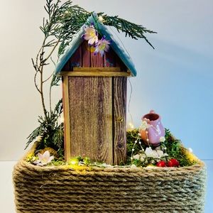 Arrangement Cabin In the Forest From Natural Preserved Materials With Lighting.